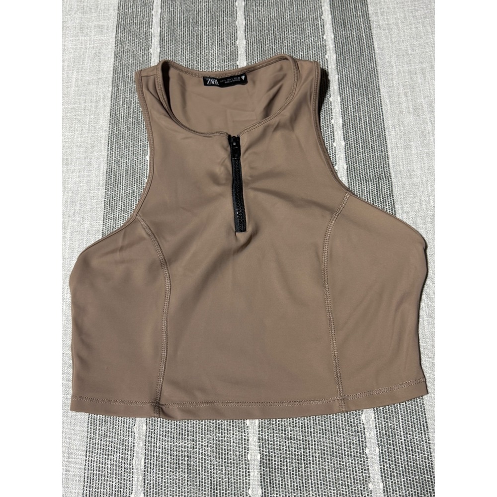 Zara Womens Large‎ Taupe Brown Quarter Zip High Neck Racerback Athletic Crop Top